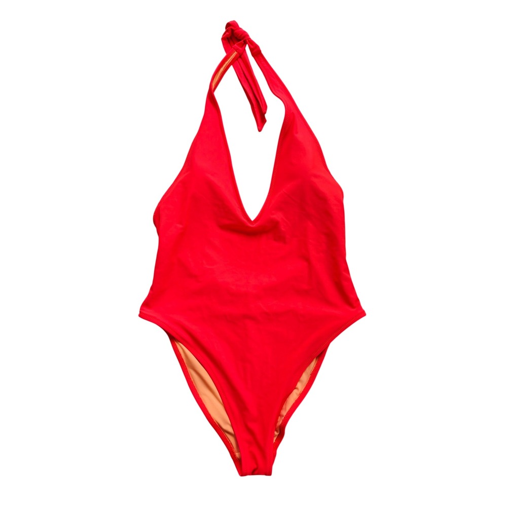 Aerie Women Coral Deep Plunge Halter One Piece Swimsuit High Cut Large